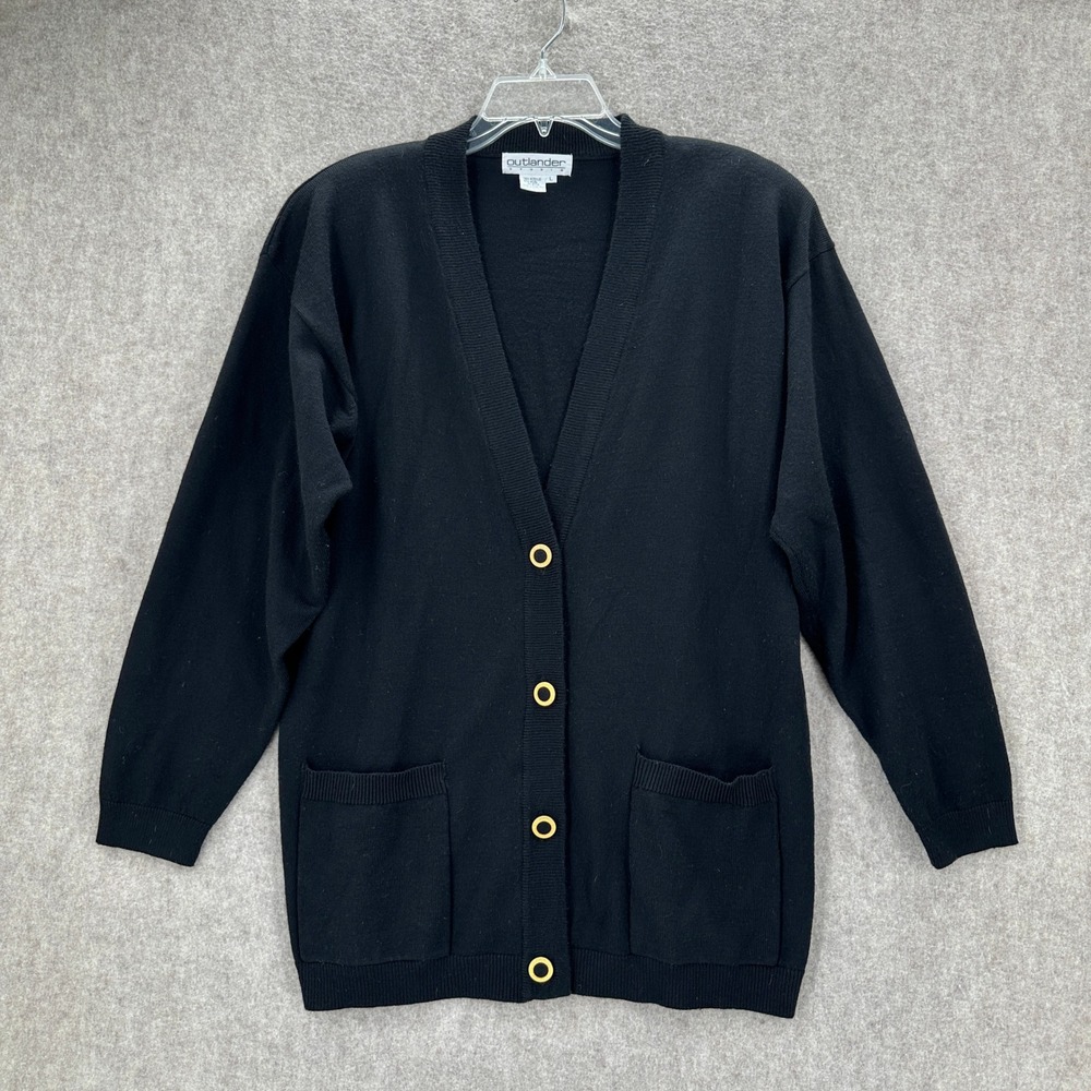 Outlander Studio Black Wool Blend V-Neck Cardigan Sweater LARGE Gold Buttons